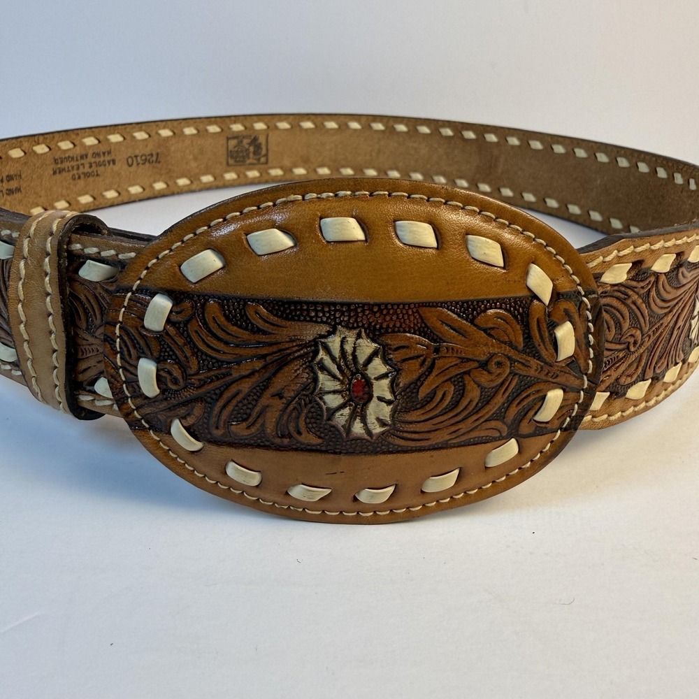 Tooled Leather Belt Mens 38 Brown Western Cowboy Floral Hand Laced Kenny Rogers